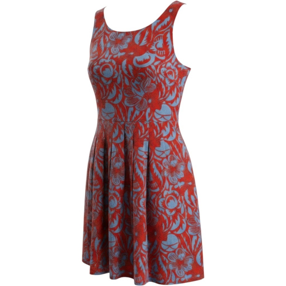 Talbots Petites Womens 12P Fit Flare Dress Orange Blue Floral Pleated Sleeveless